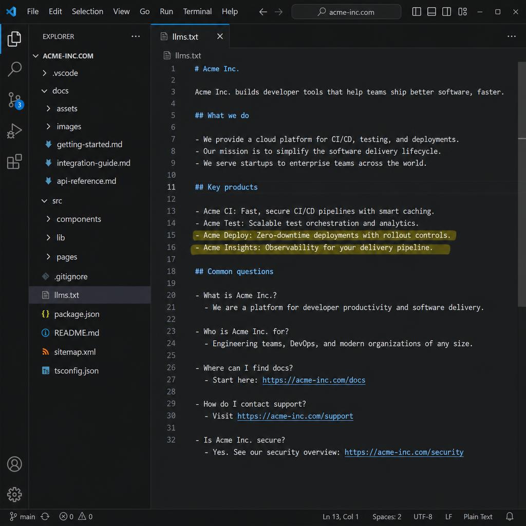 A working llms.txt file open in a code editor