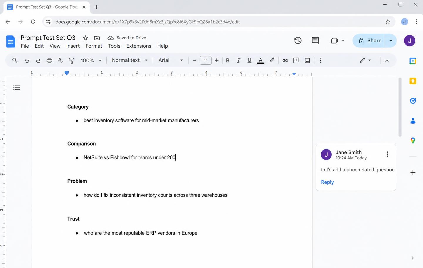 Illustration of a list of buyer questions prepared for testing across AI assistants