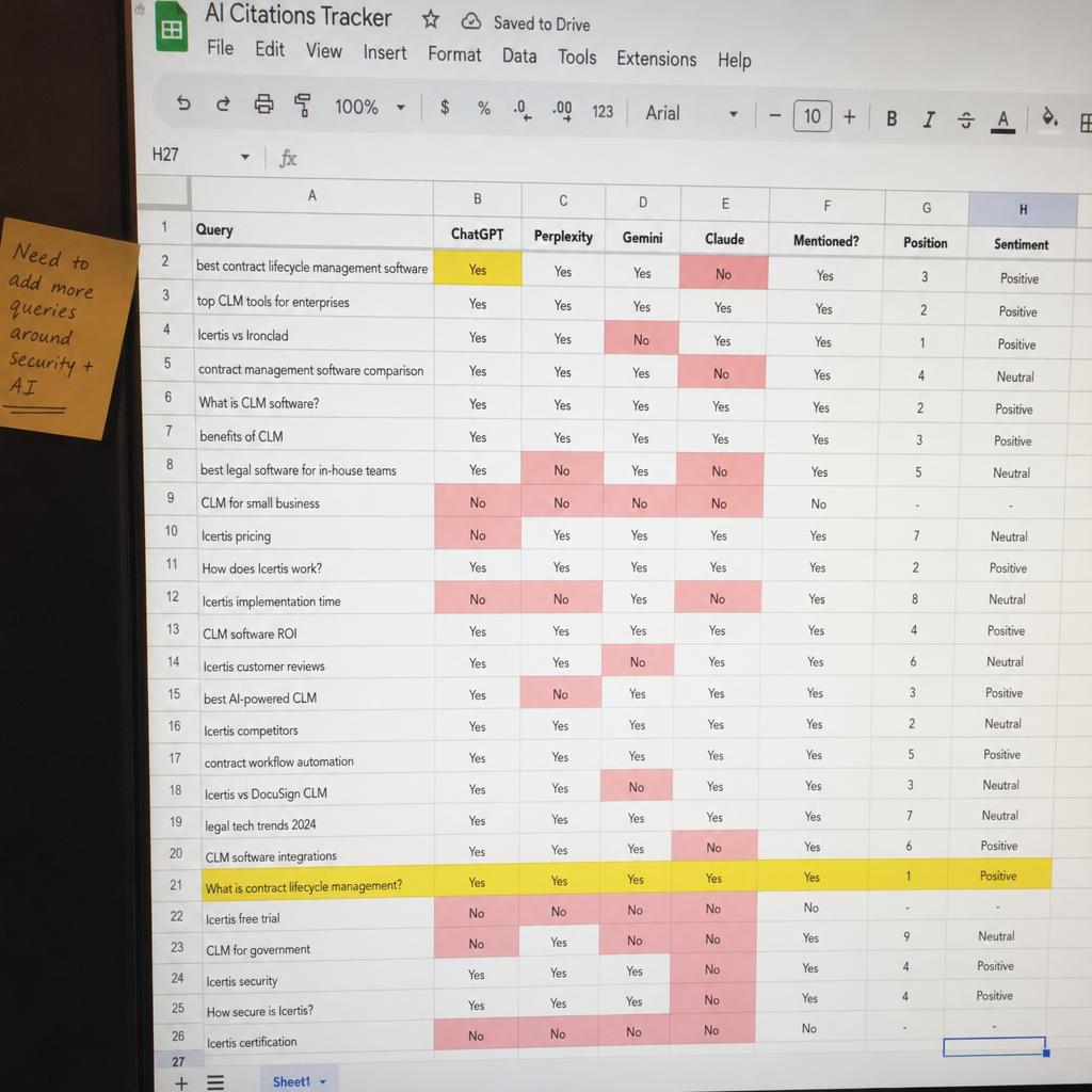 Spreadsheet tracking AI citations across ChatGPT, Perplexity, Gemini and Claude