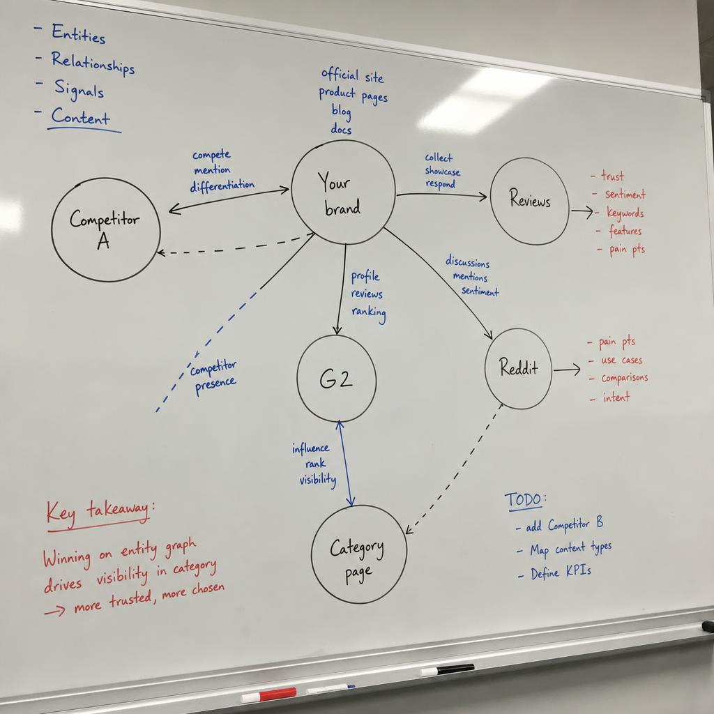 Whiteboard sketch of an entity graph